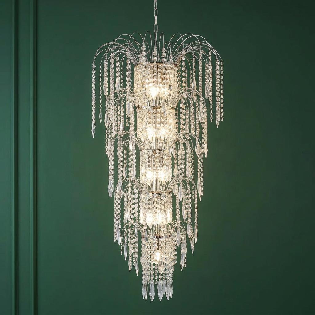 Cascading crystal waterfall chandelier with chrome accents lit against a dark green paneled wall.