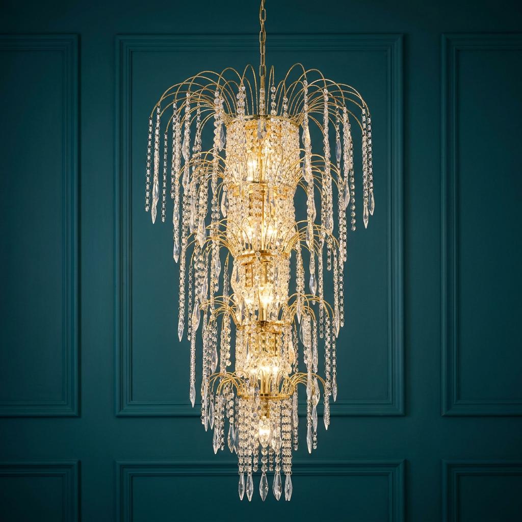 Tiered light gold and crystal waterfall chandelier with cascading droplets against a dark teal paneled wall.