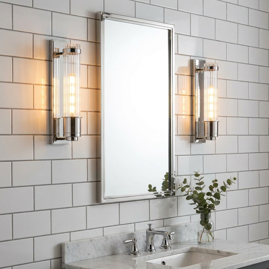Two polished chrome wall lights with ribbed glass shades flank a bathroom mirror over a marble vanity.