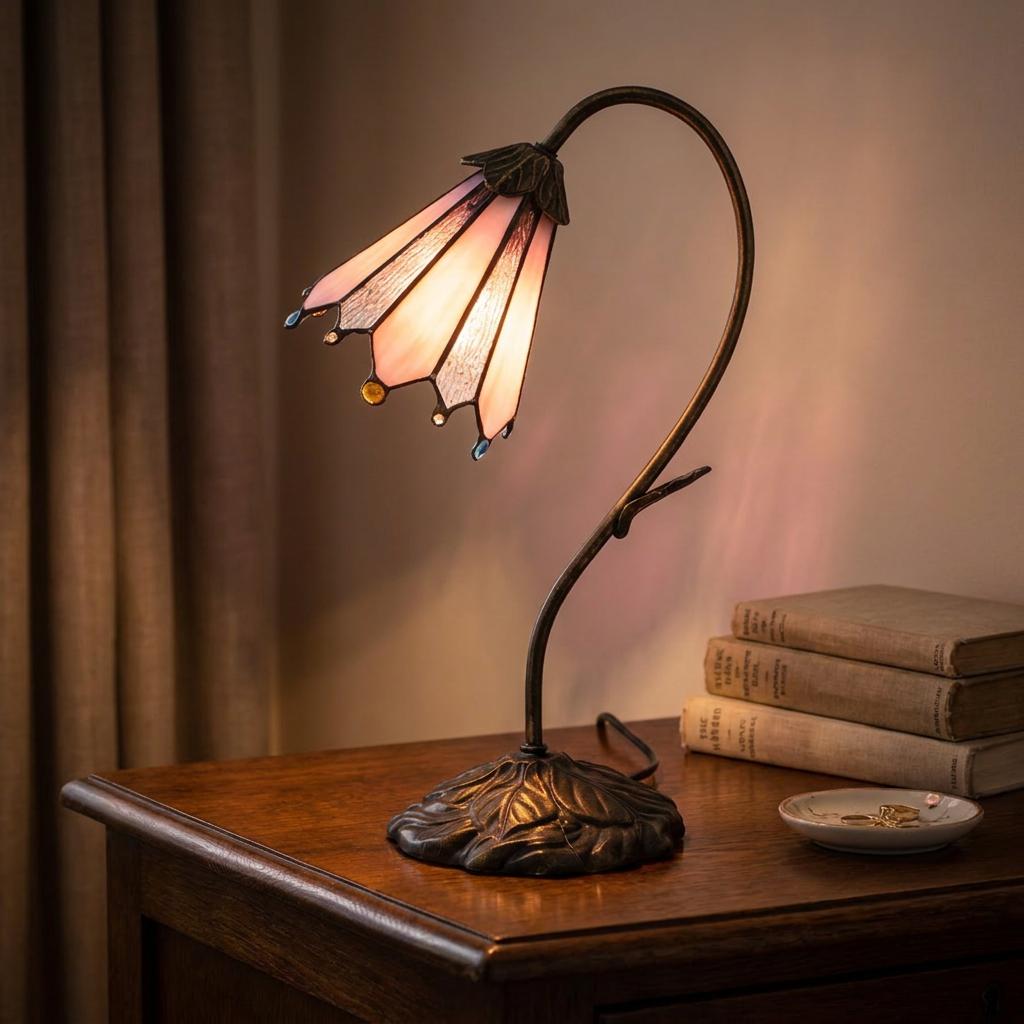 Westerton swan neck Tiffany lamp with a pink flower-shaped shade on a wooden table beside vintage books.