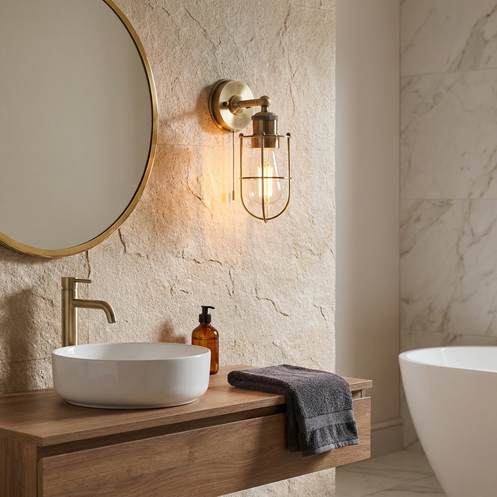 Weston Antique Brass Caged Bathroom Wall Light - Pull Cord-warehouse-180926