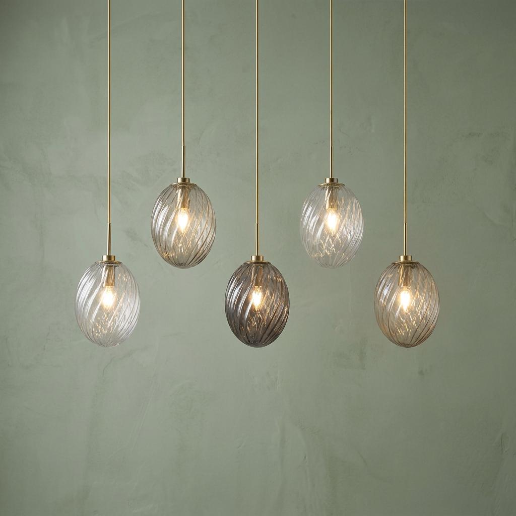 Five ribbed glass pendant lights in mixed colors hang from satin brass rods against a green textured wall.