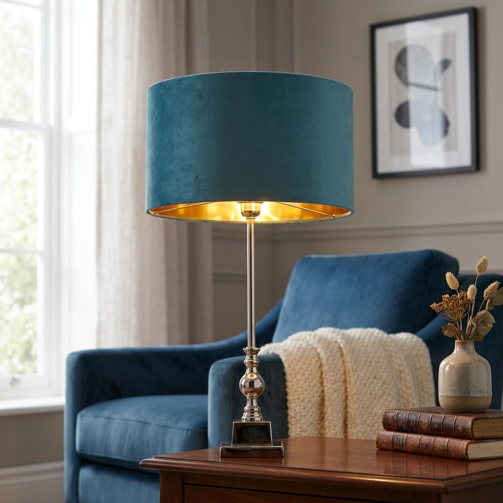 Whitby table lamp with chrome base and teal velvet shade on a wooden table beside a blue velvet armchair.