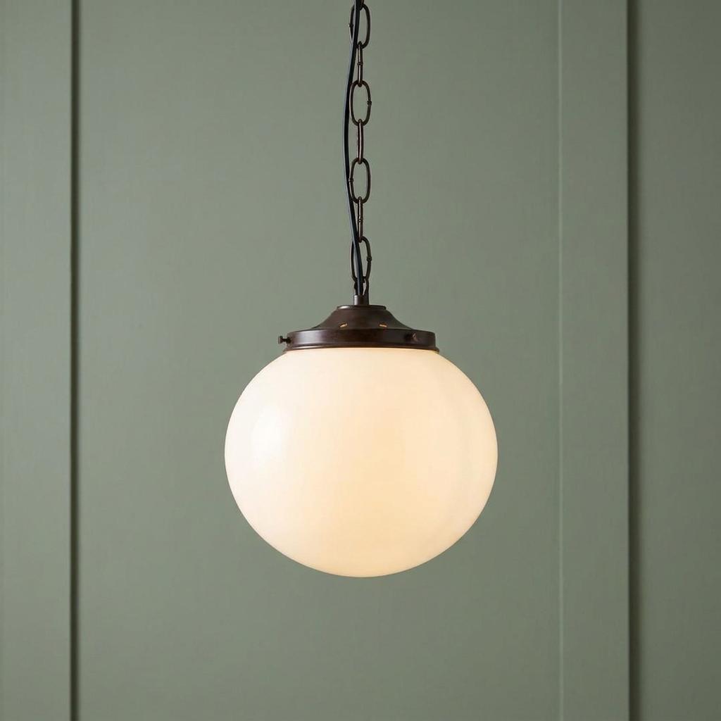 White flashed opal globe pendant light with antique bronze hardware hanging against a green paneled wall.