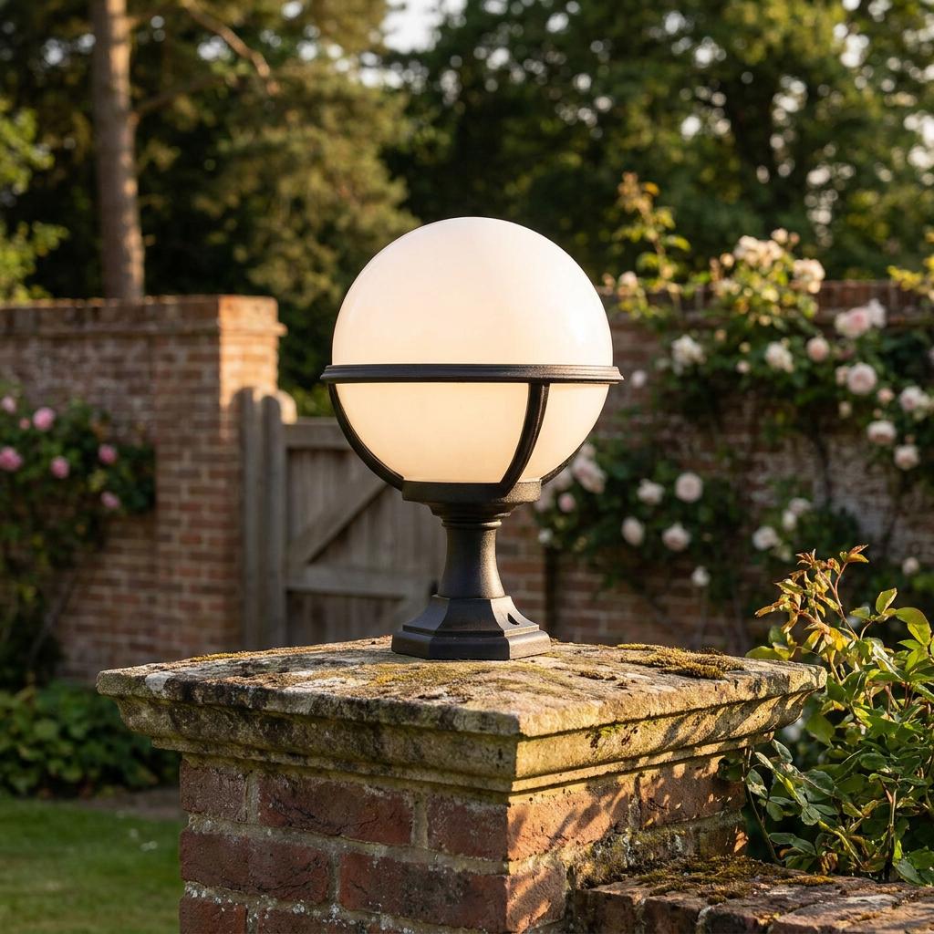 White globe pedestal light with a black frame mounted on a weathered brick pillar in a garden.