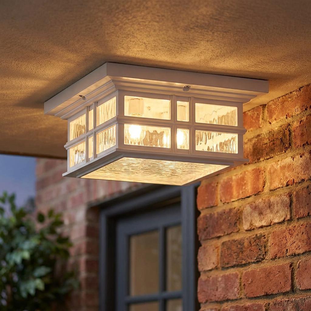 White carriage-style flush mount ceiling light with rippled glass, glowing on an outdoor porch.
