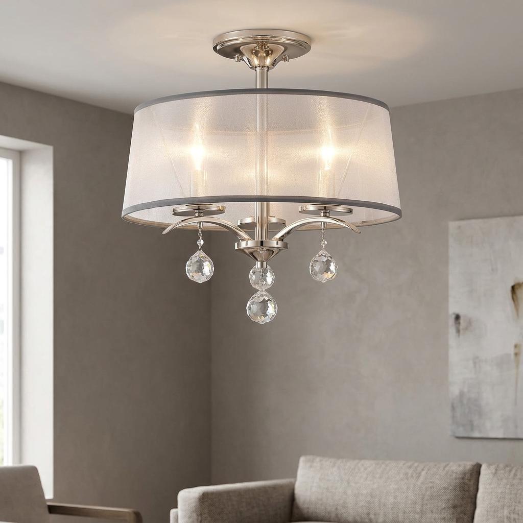 Whitney silver semi-flush ceiling light with a grey drum shade and crystal pendants in a neutral living room.