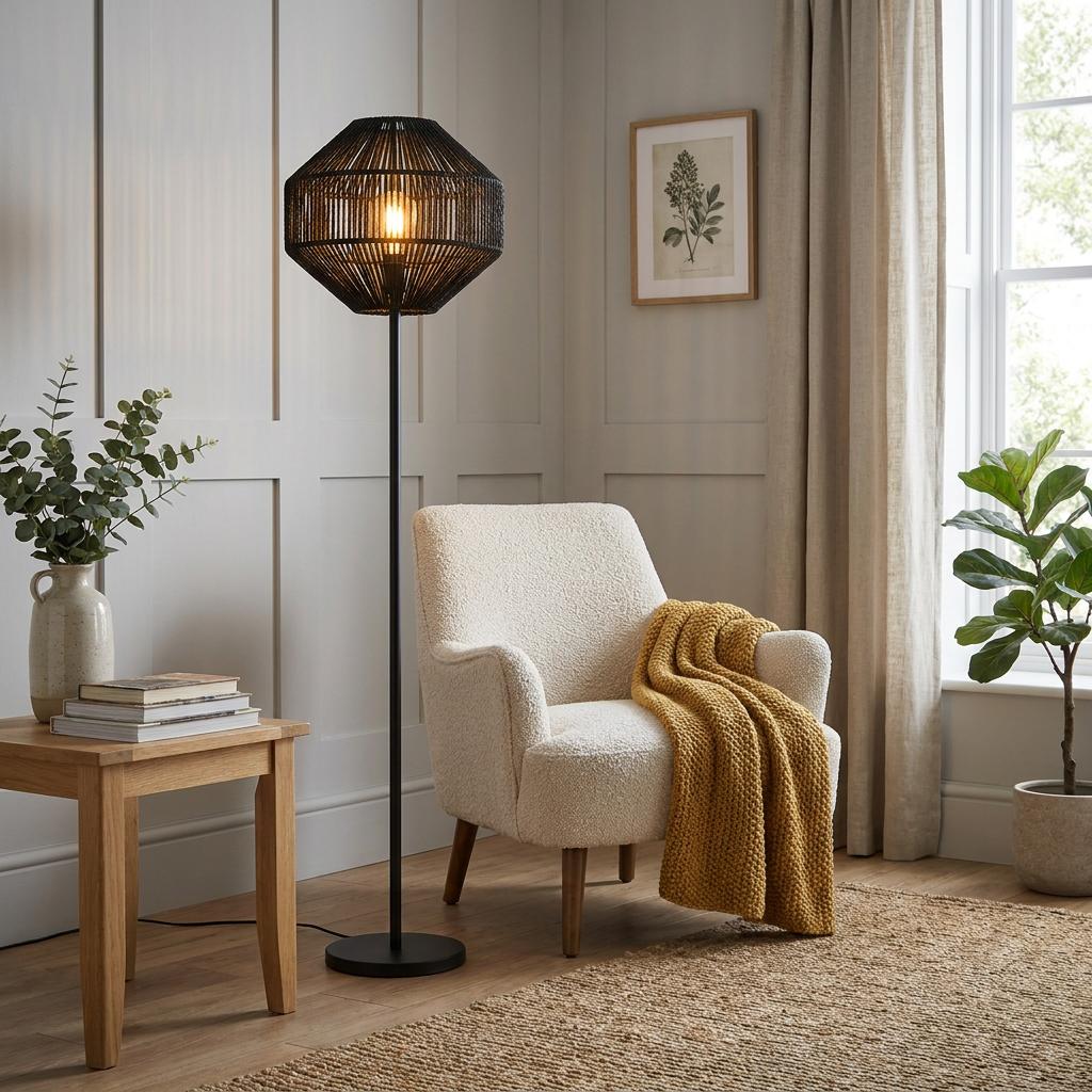 A black wicker modern floor lamp illuminates a cozy living room corner beside a white boucle armchair.