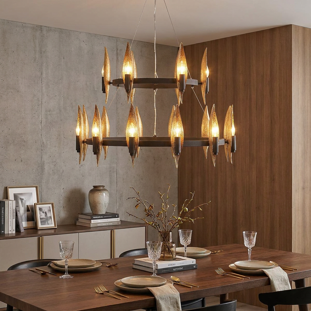 Willow 18 light chandelier with two tiers of leaf-shaped shades illuminating a modern dining room table.