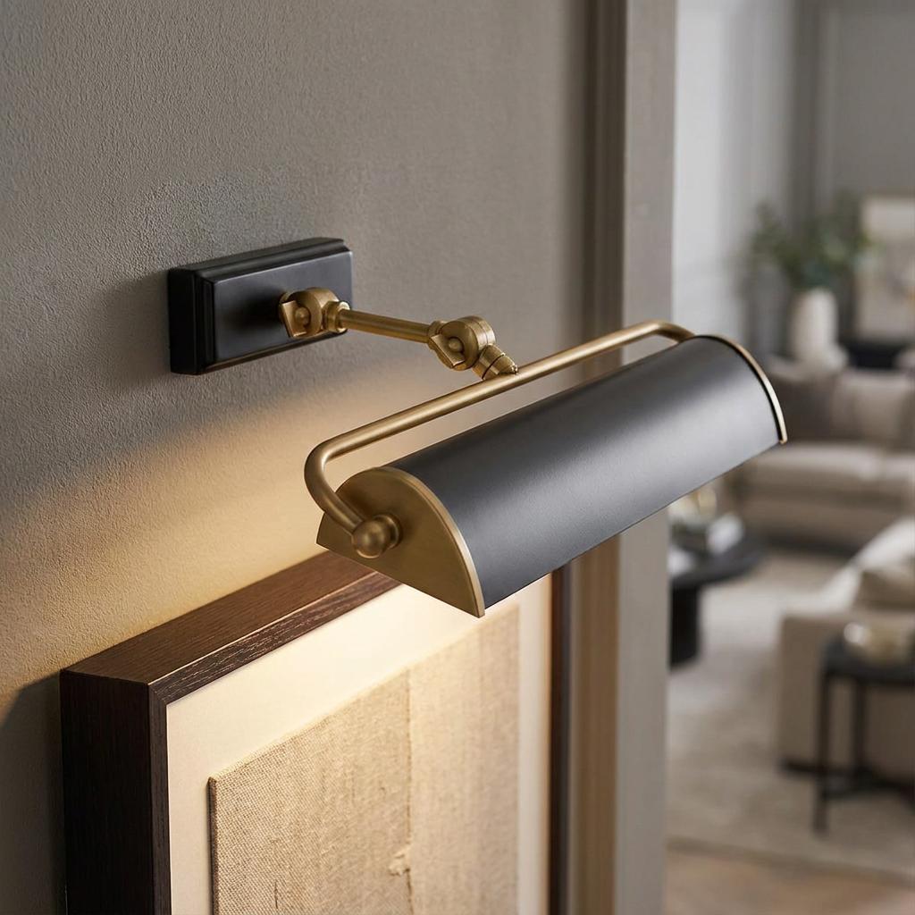 Matte black and brass picture light mounted on a wall, illuminating framed artwork in a modern interior.