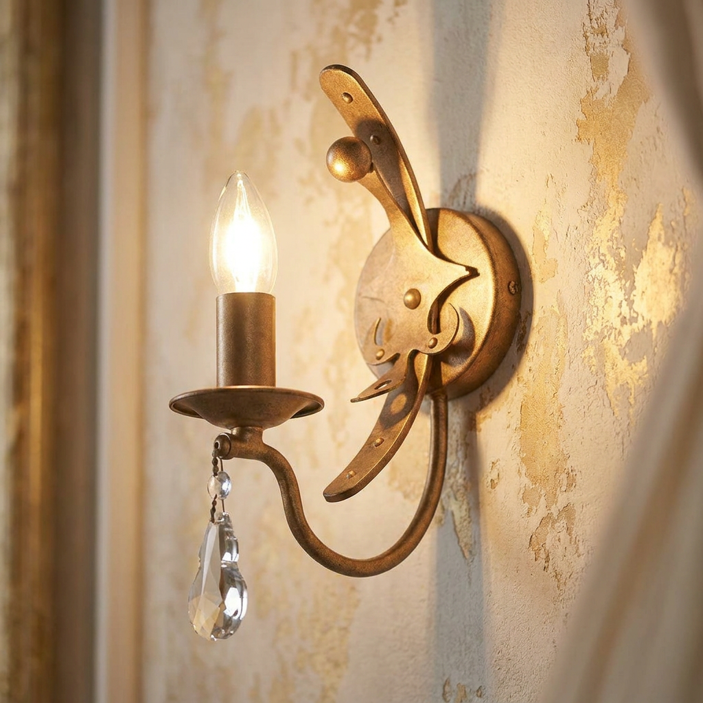 A gold patina wall sconce with a candle-style bulb and crystal drop, mounted on a textured, distressed wall.