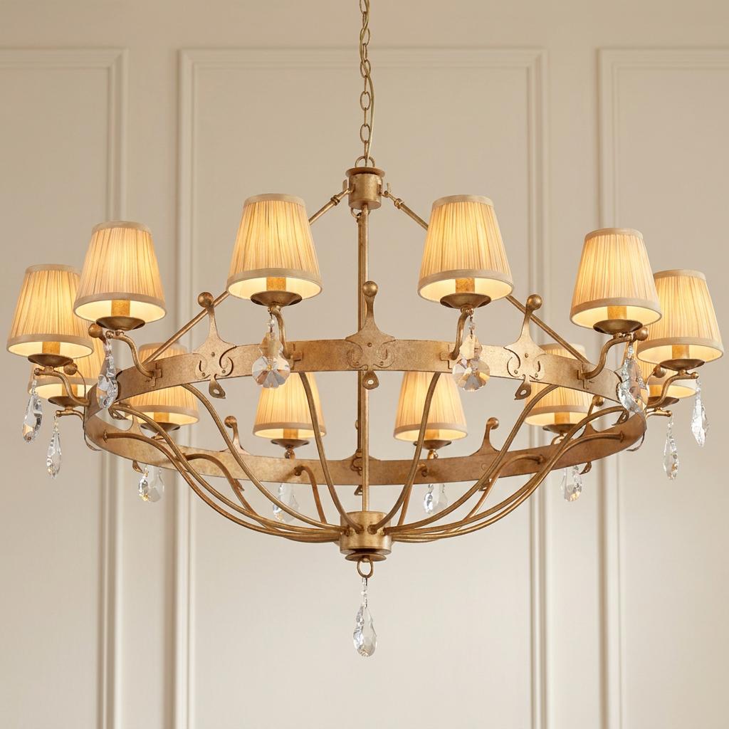 Windsor 12-light gold patina chandelier with pleated shades and crystal drops against a paneled wall.