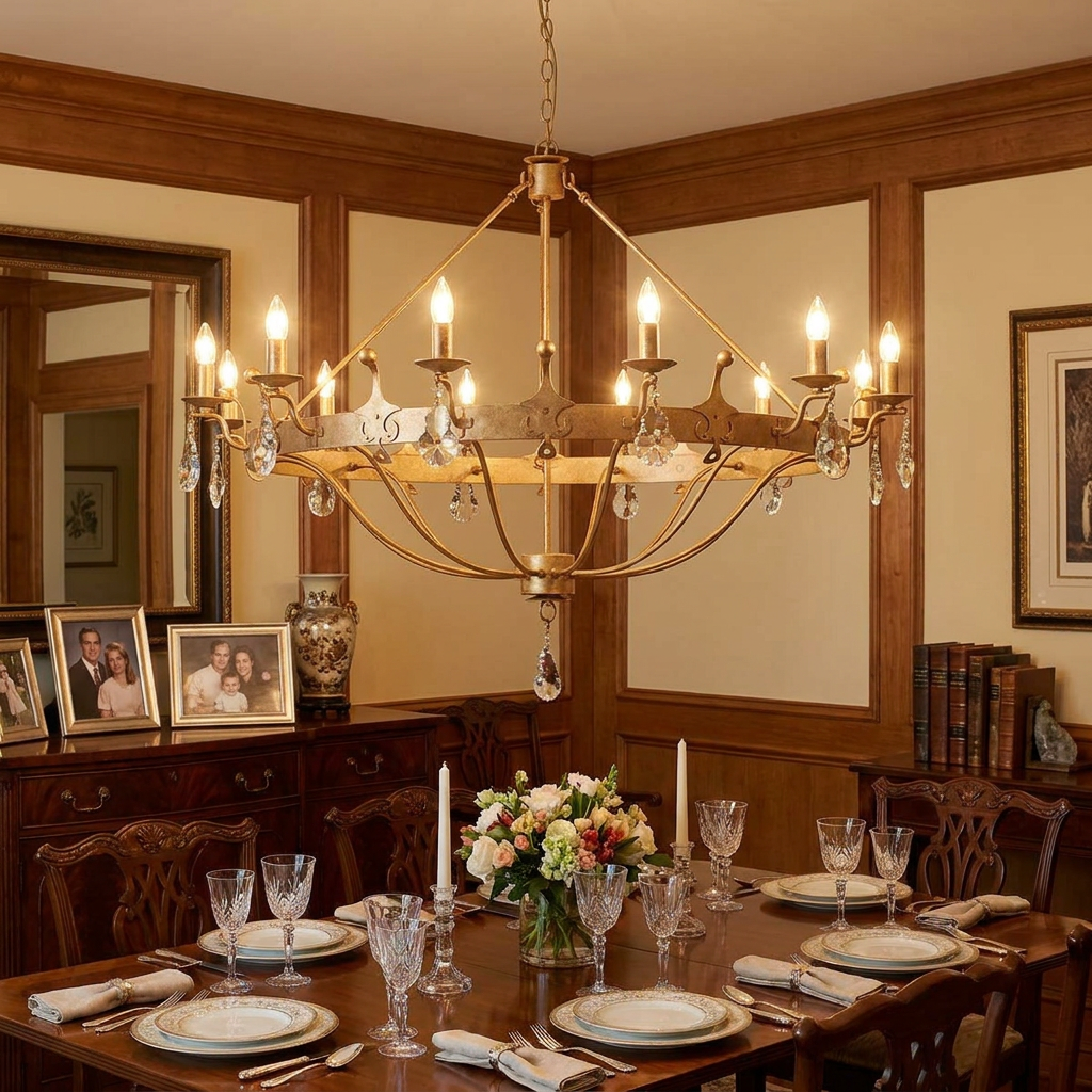 Large gold patina chandelier with 12 candle lights and crystal accents illuminating a formal dining room setting.