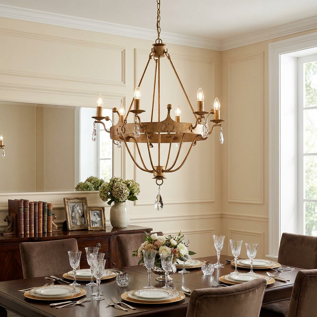 Gold patina Windsor chandelier with crystal accents hanging over a formal dining room table.