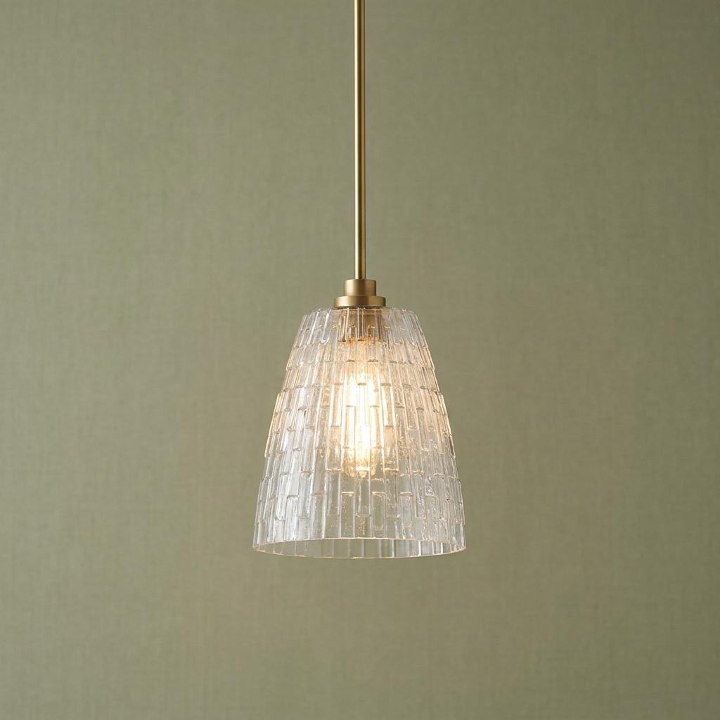 A brass industrial pendant light with a textured glass shade hanging against a sage green wall.
