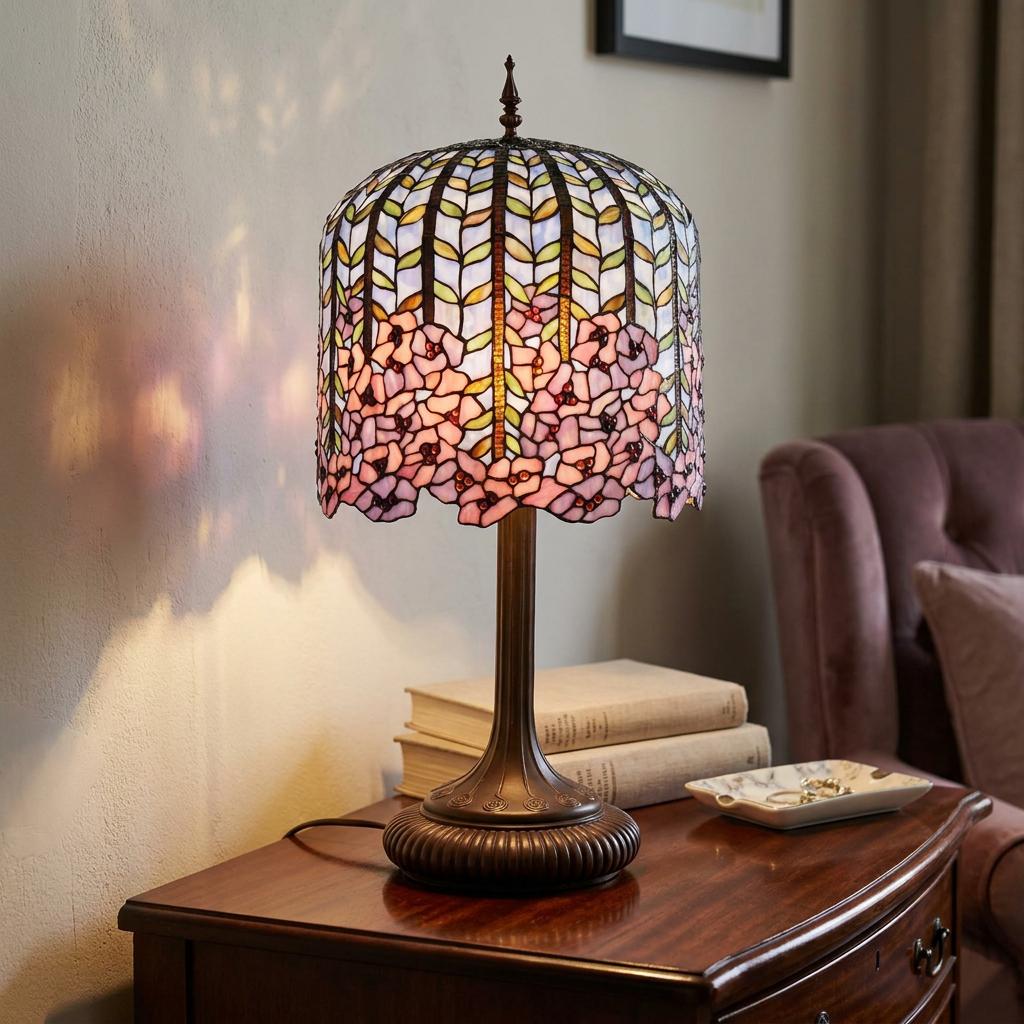 Wisteria Tiffany table lamp with pink and purple floral glass shade on a wooden table, casting a warm glow.