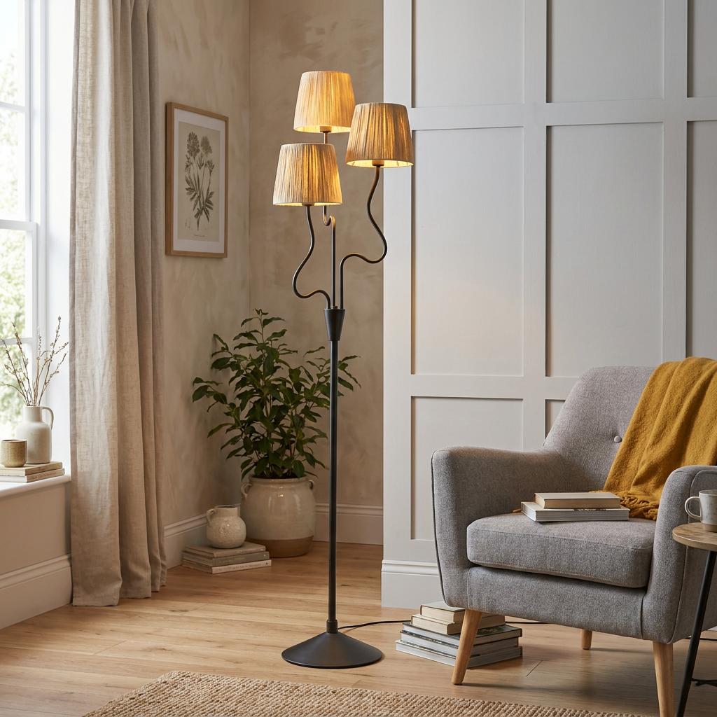 Wriggle black floor lamp with three curved arms and fabric shades standing in a cozy living room.