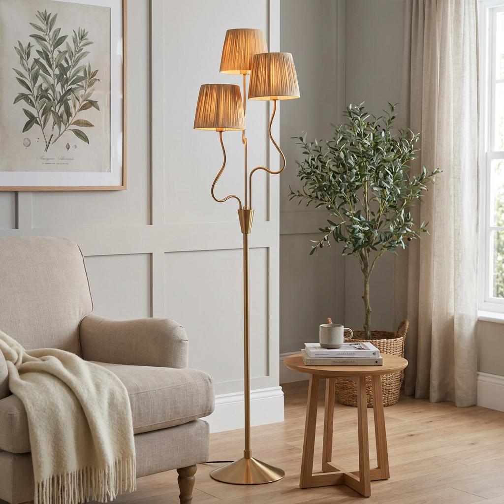 Wriggle 3 Light Brass Floor Lamp with curved arms and pleated shades in a cozy living room setting.