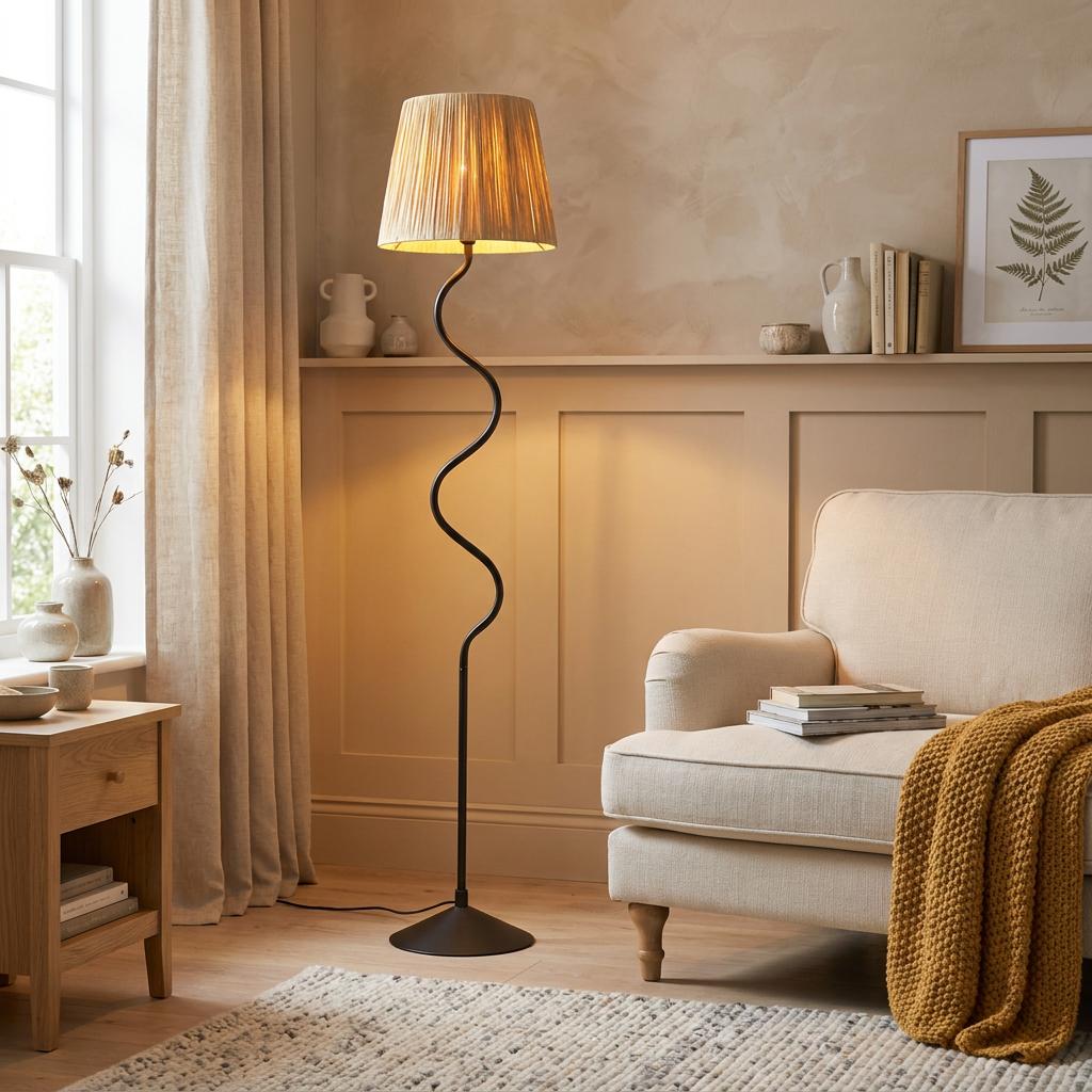 Wriggle black floor lamp with a wavy neck and raffia shade illuminated in a cozy neutral living room setting.