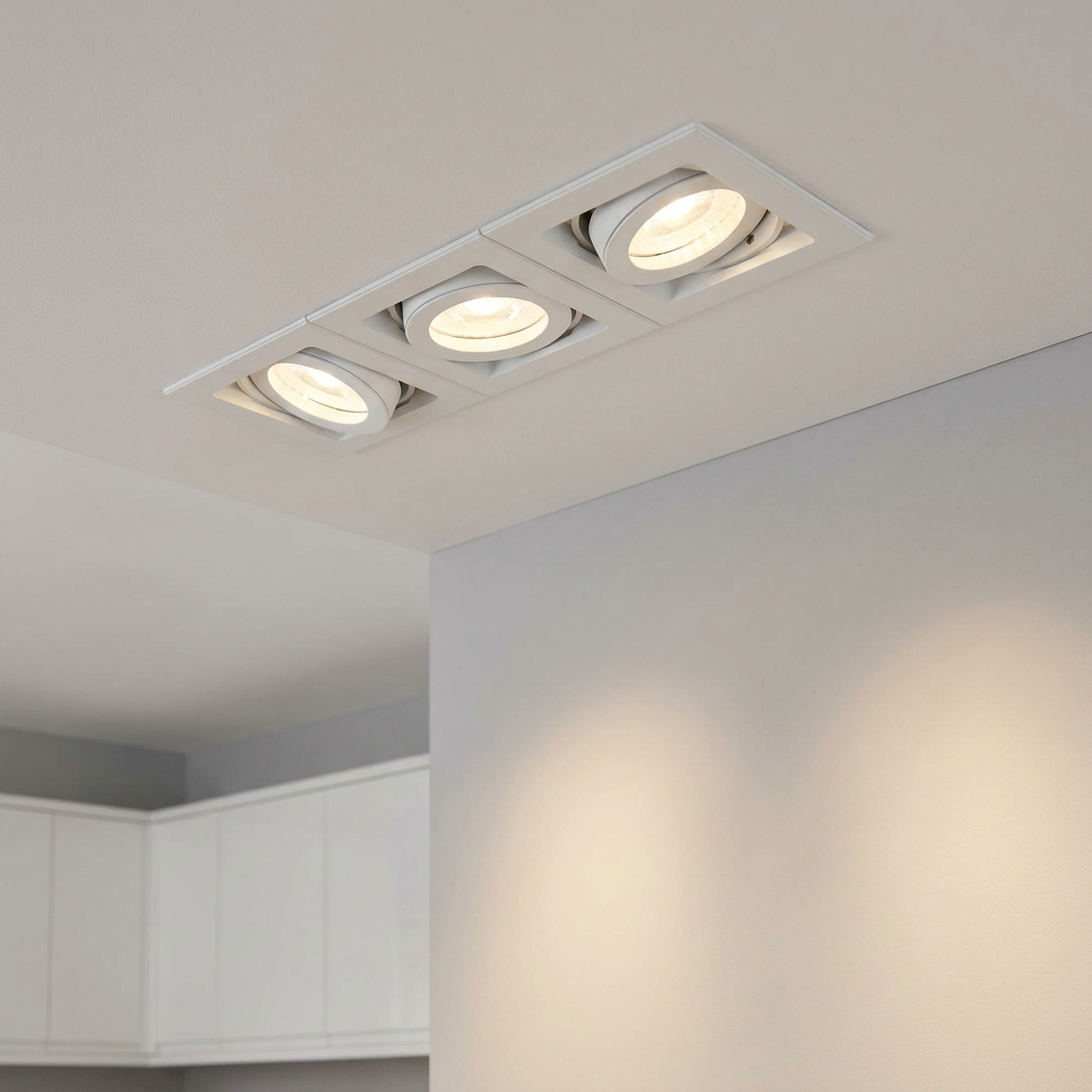 Xeno triple white adjustable recessed light installed in a ceiling, illuminating a neutral-toned wall.