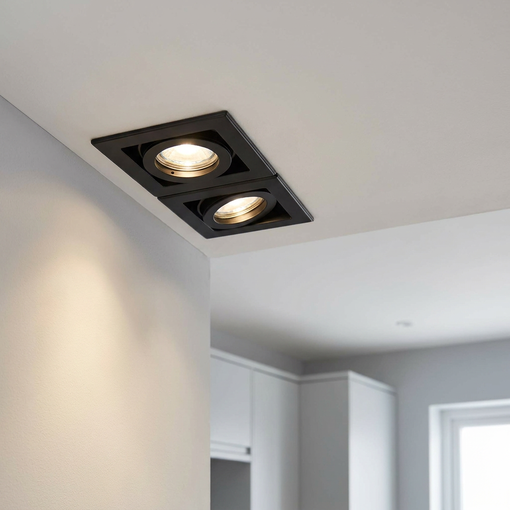 Black twin adjustable recessed light illuminated on a white ceiling in a modern room.