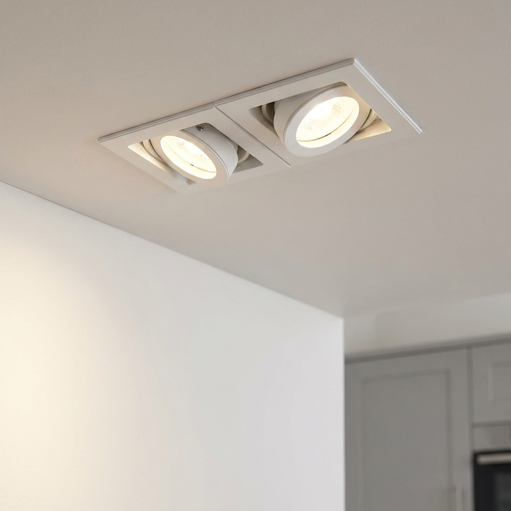 Twin white adjustable recessed spotlight fixture mounted on a ceiling and illuminating a wall.