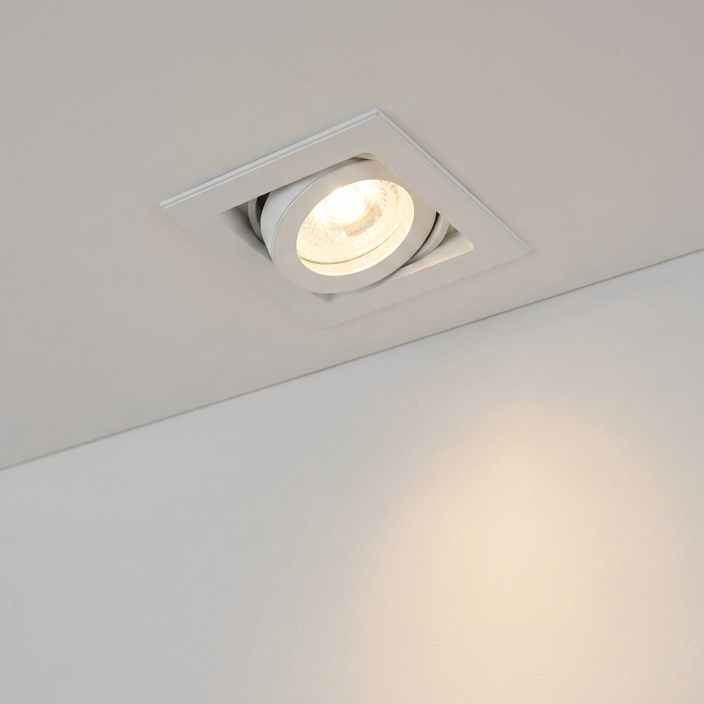 White square recessed adjustable spotlight tilted and illuminated in a white ceiling.