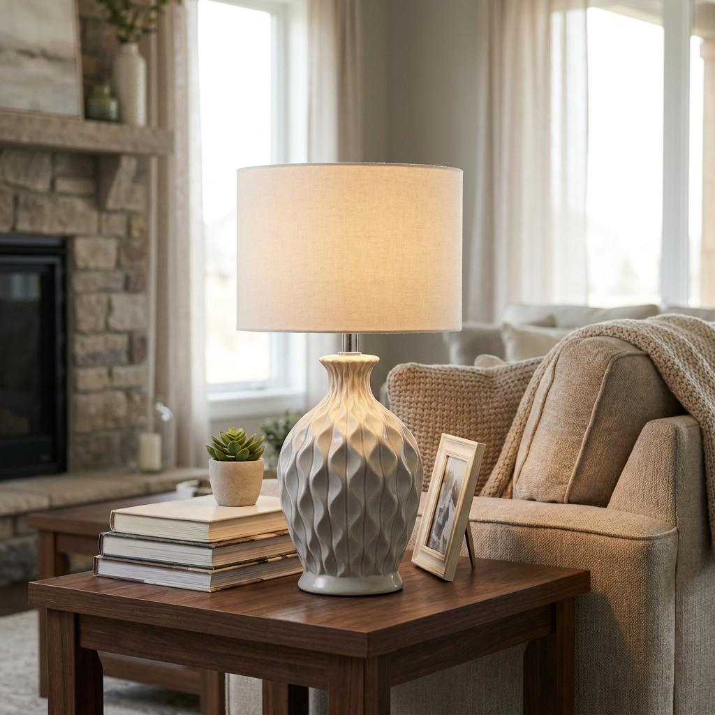 A Yarra grey ceramic table lamp with a textured base and cream shade on a wooden side table in a cozy living room.