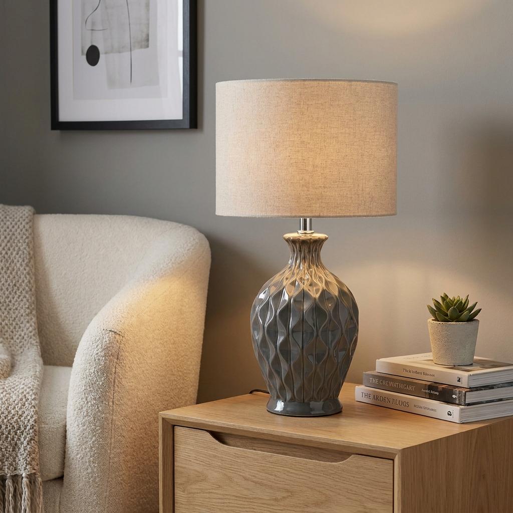 Grey textured ceramic table lamp with a linen shade on a wooden table beside a cream armchair.