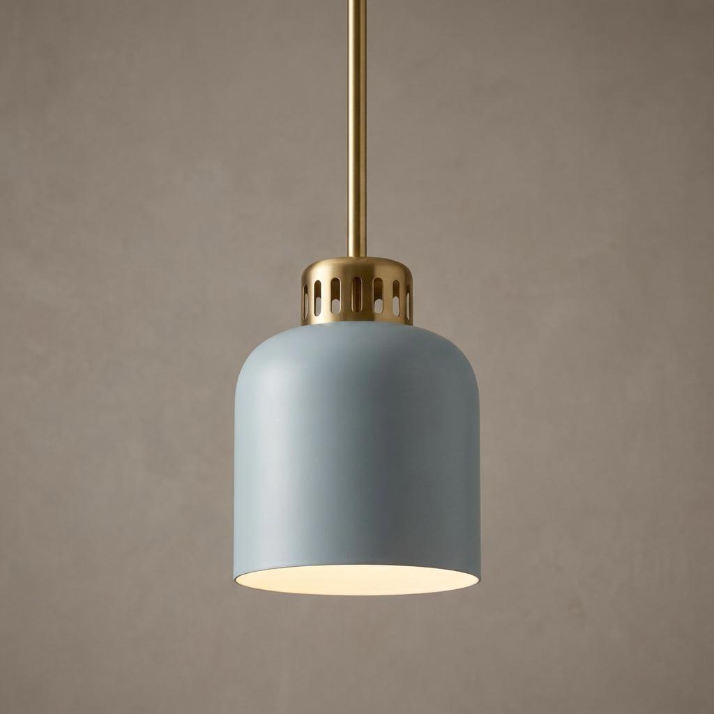 Industrial pendant light with brass hardware and a pale blue canister shade against a neutral background.