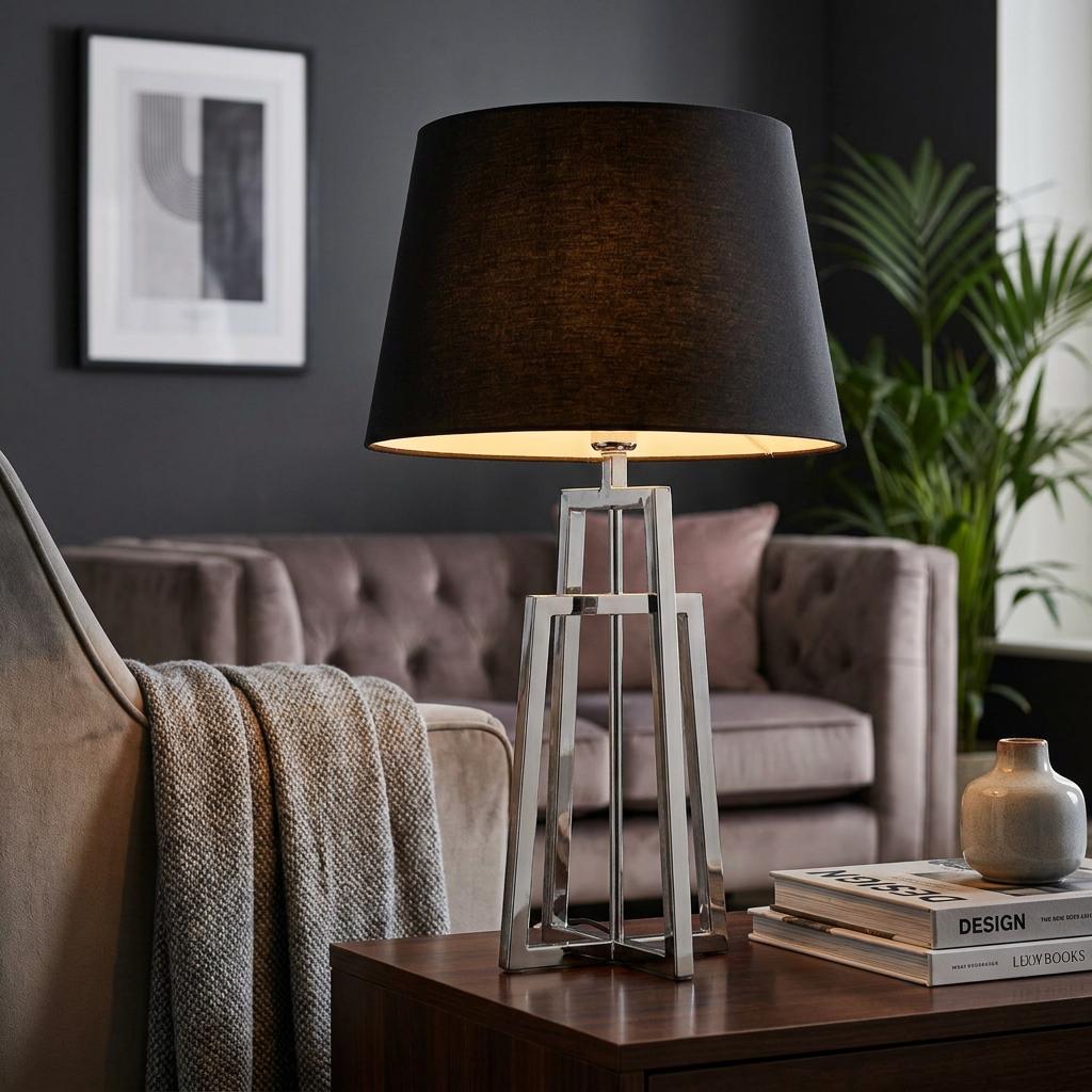 York Chrome Crossed Frame Table Lamp - Black Shade-OB-180926