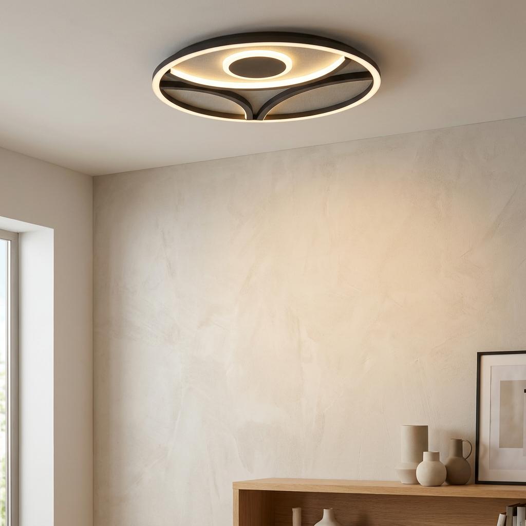 Modern Zendisc matt black circular LED ceiling light illuminated on a white ceiling in a minimalist room.