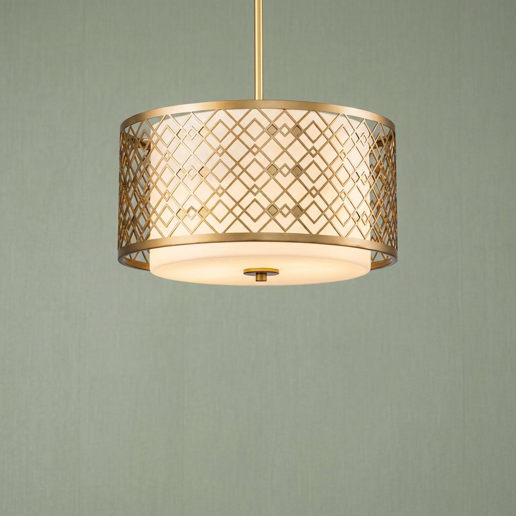 Lacquered gold drum pendant with geometric lattice and white diffuser against a soft green wall.