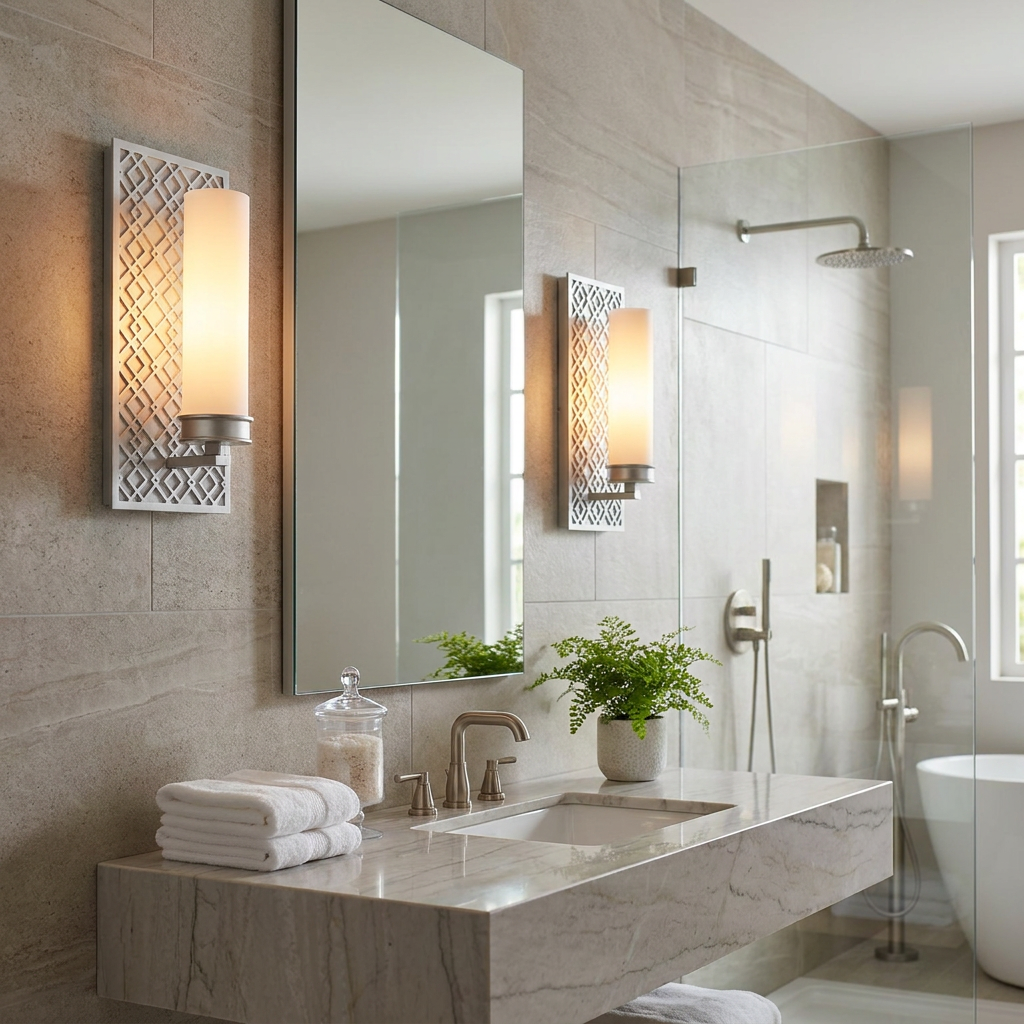 Lacquered silver wall lights with cylindrical shades and geometric backplates on a tiled bathroom wall.
