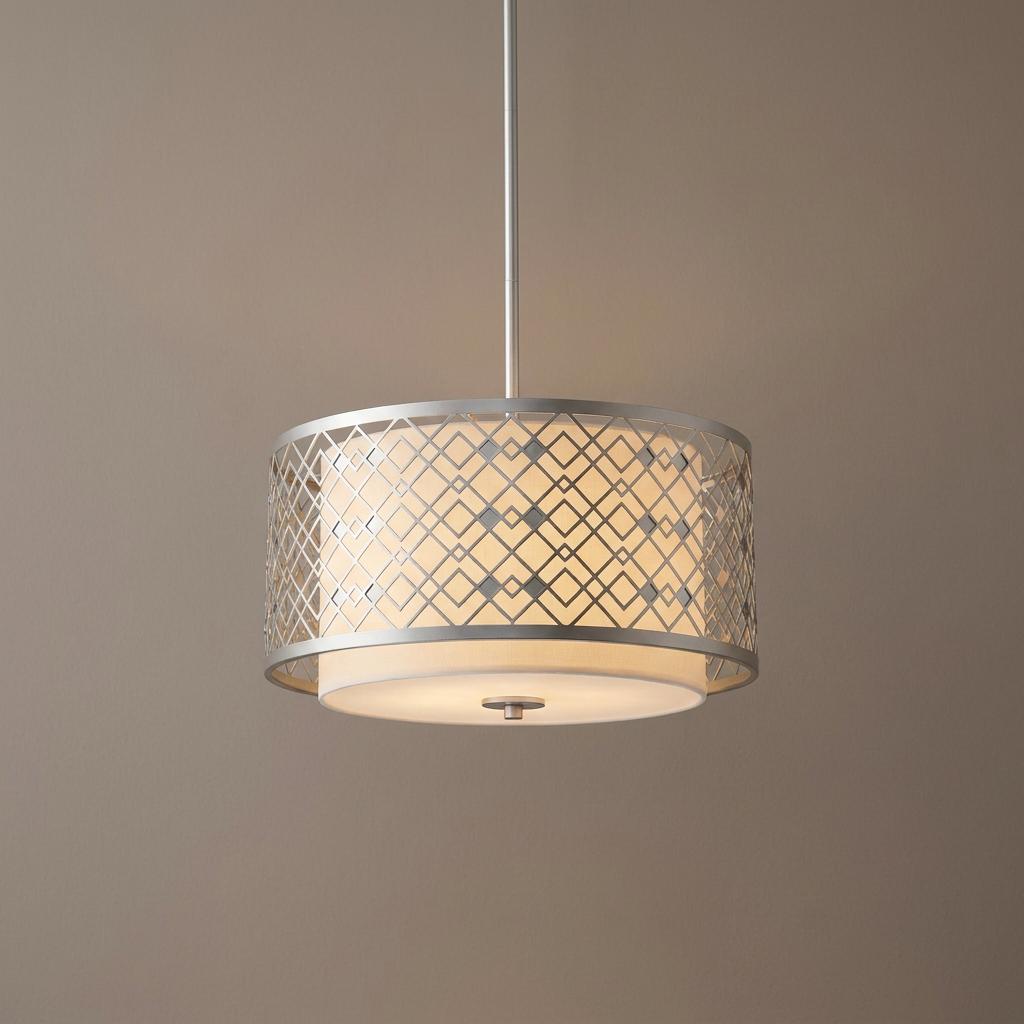 Ziggy lacquered silver medium ceiling pendant light with a geometric lattice frame over a white fabric drum shade.