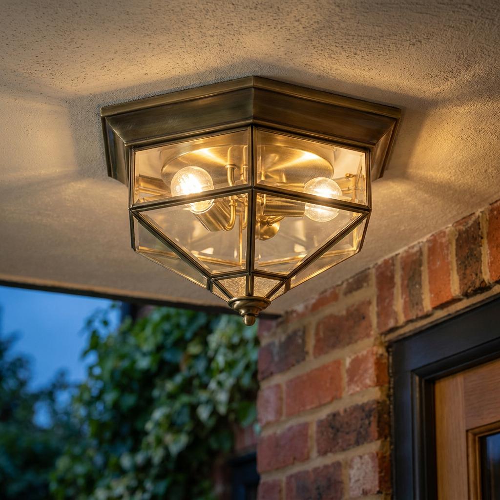 Antique brass hexagonal porch ceiling light with clear glass panels and warm glowing bulbs.
