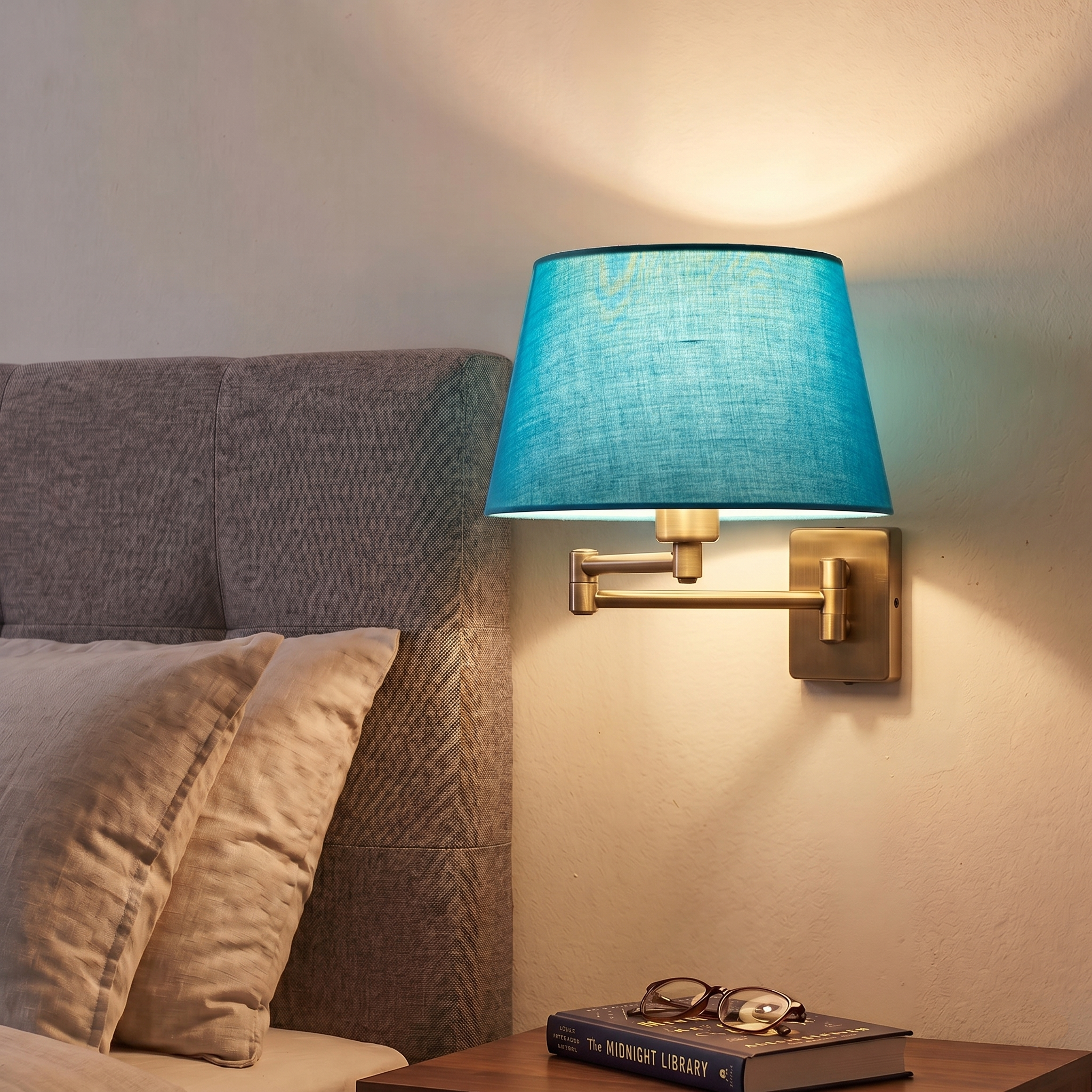 Armada Antique Brass Bedroom Wall Light with Blue Shade
