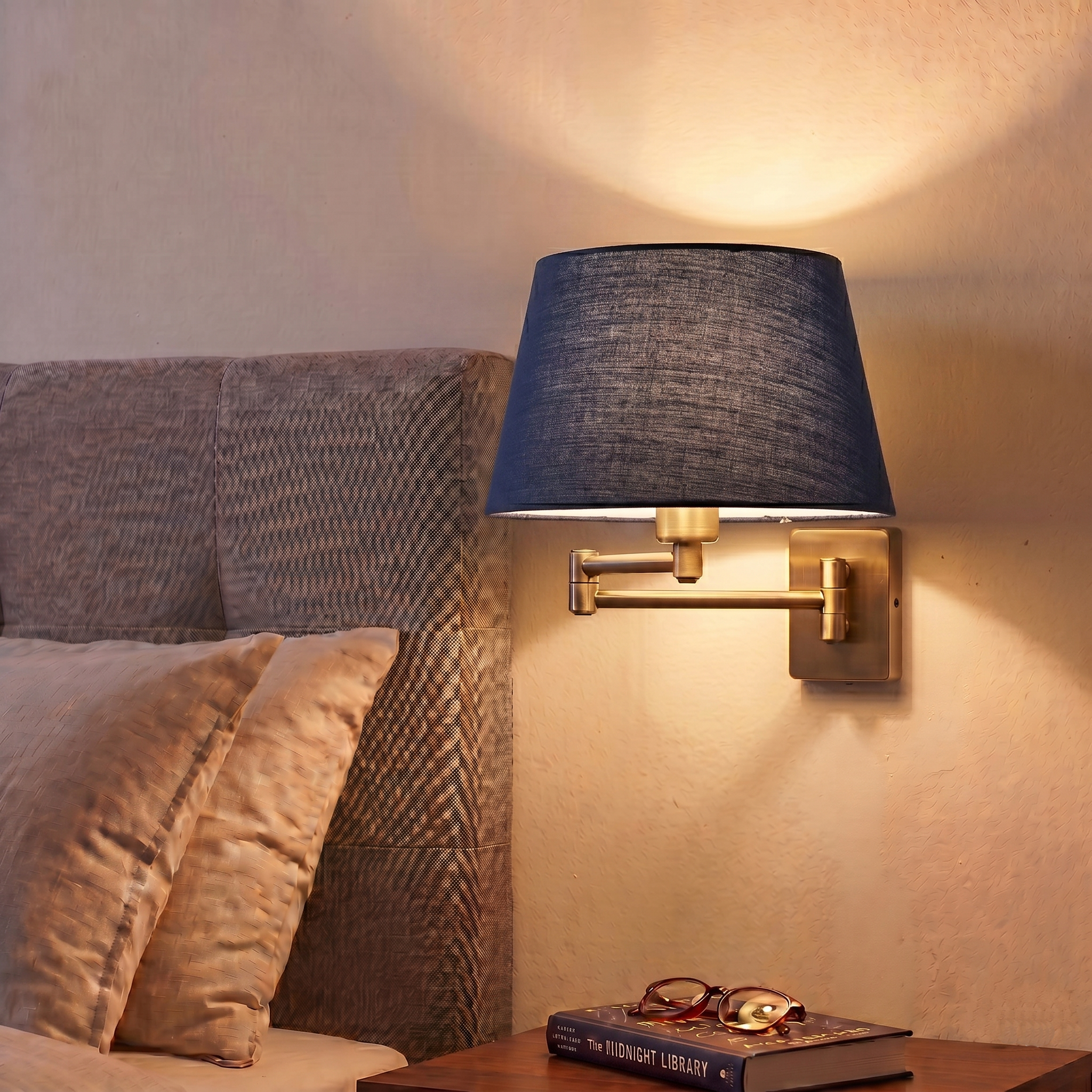 Armada Antique Brass Bedroom Wall Light with Navy Blue Shade
