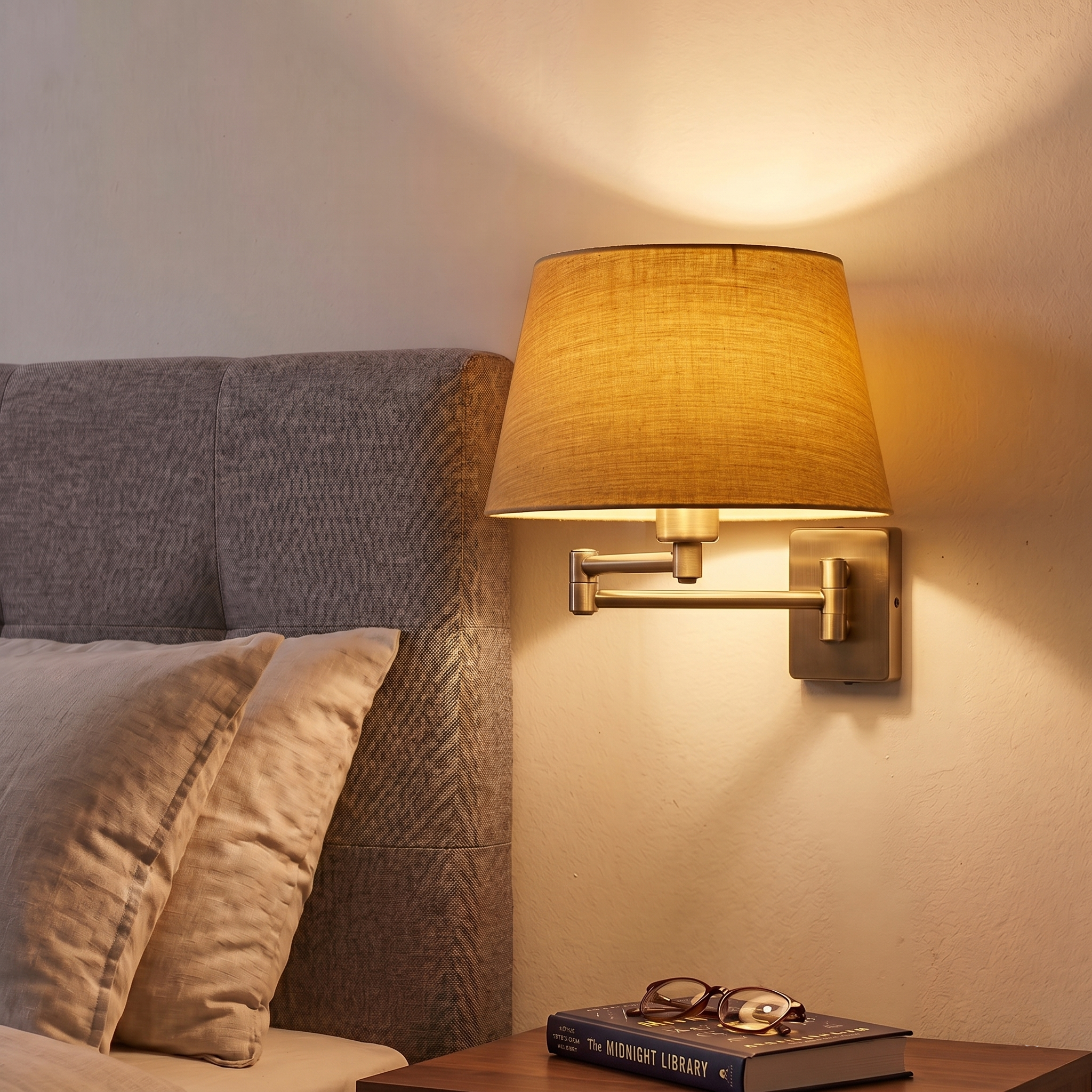 Armada Antique Brass Bedside Wall Light with Beige Shade