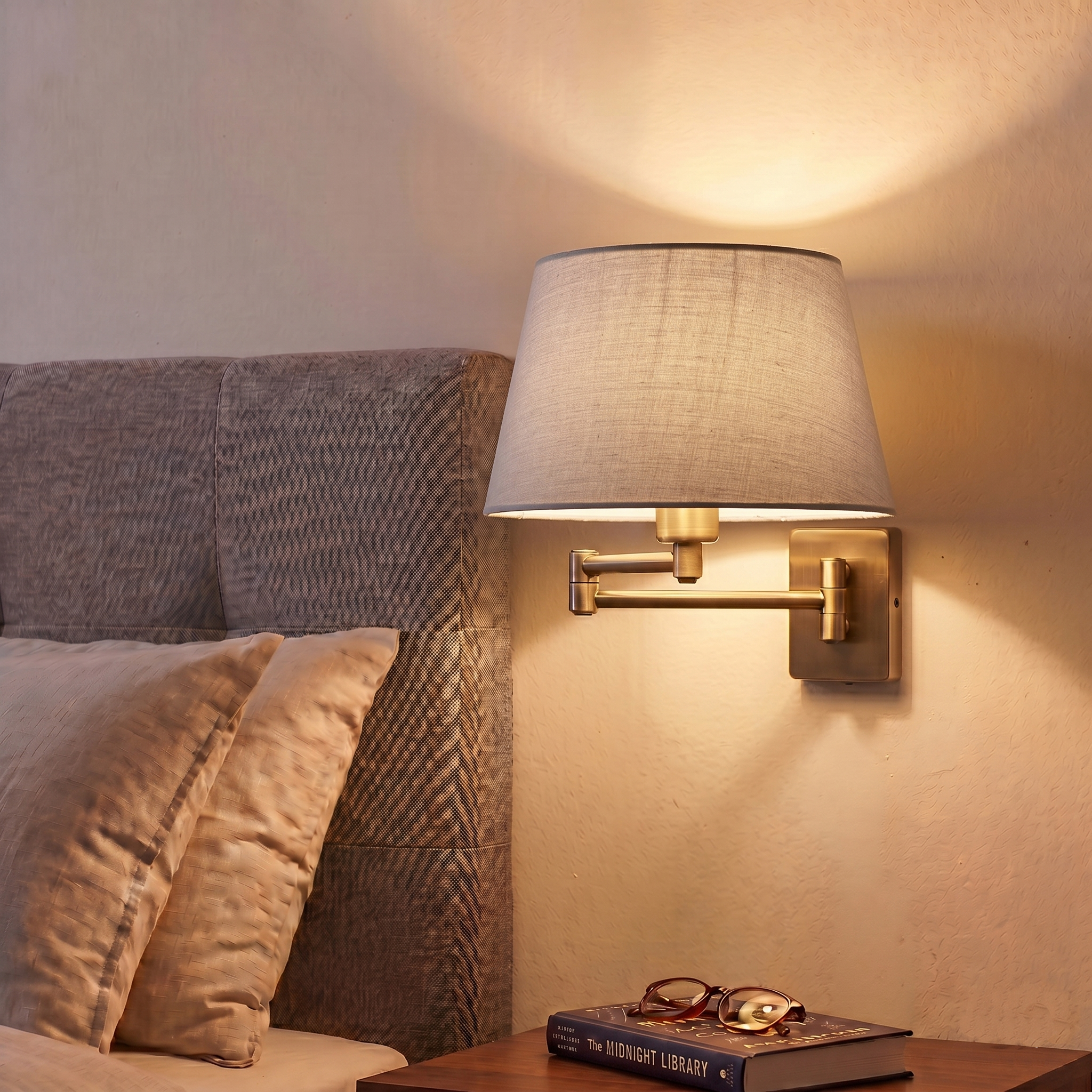 Armada Antique Brass Wall Light with Soft Grey Shade