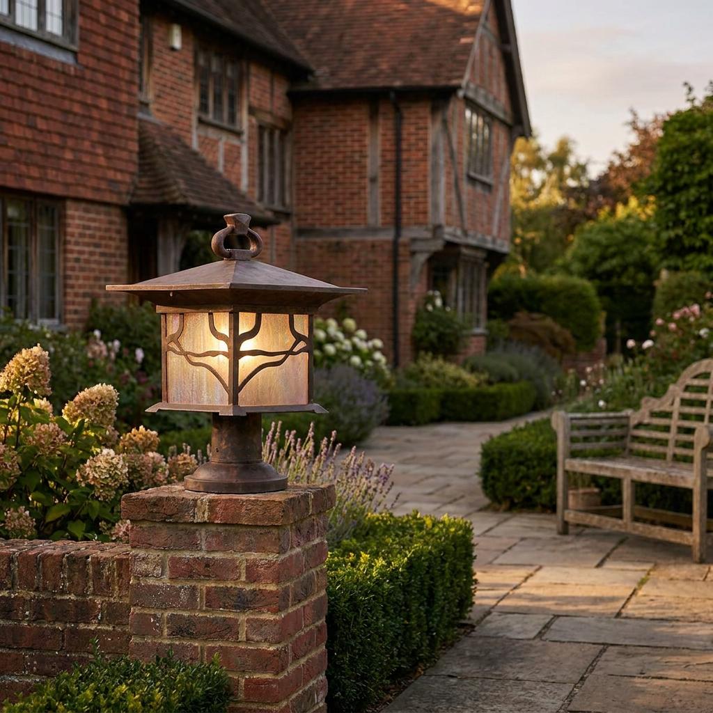 Arts and Crafts style lantern post light with a tree motif on a brick pillar in a lush garden setting.