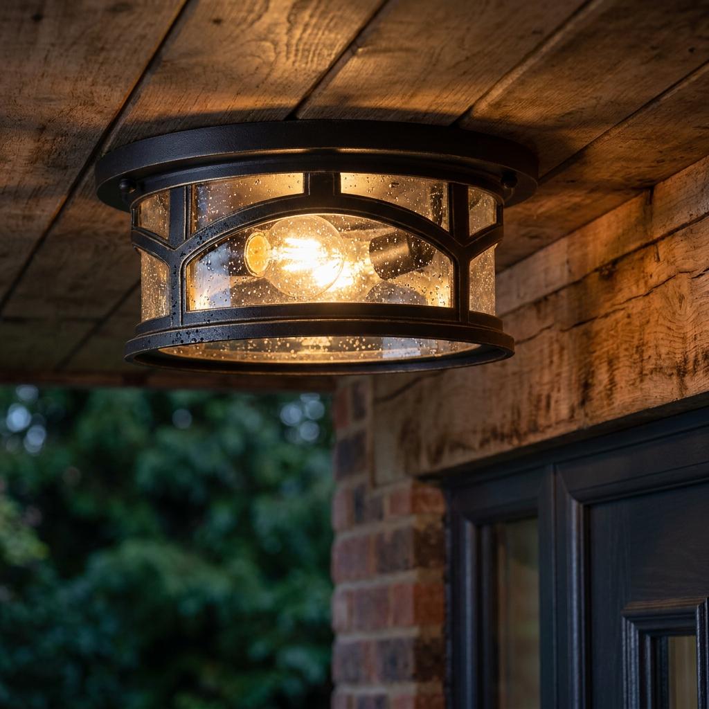 A black circular outdoor flush-mount ceiling light with seeded glass and glowing bulbs on a rustic wooden porch.