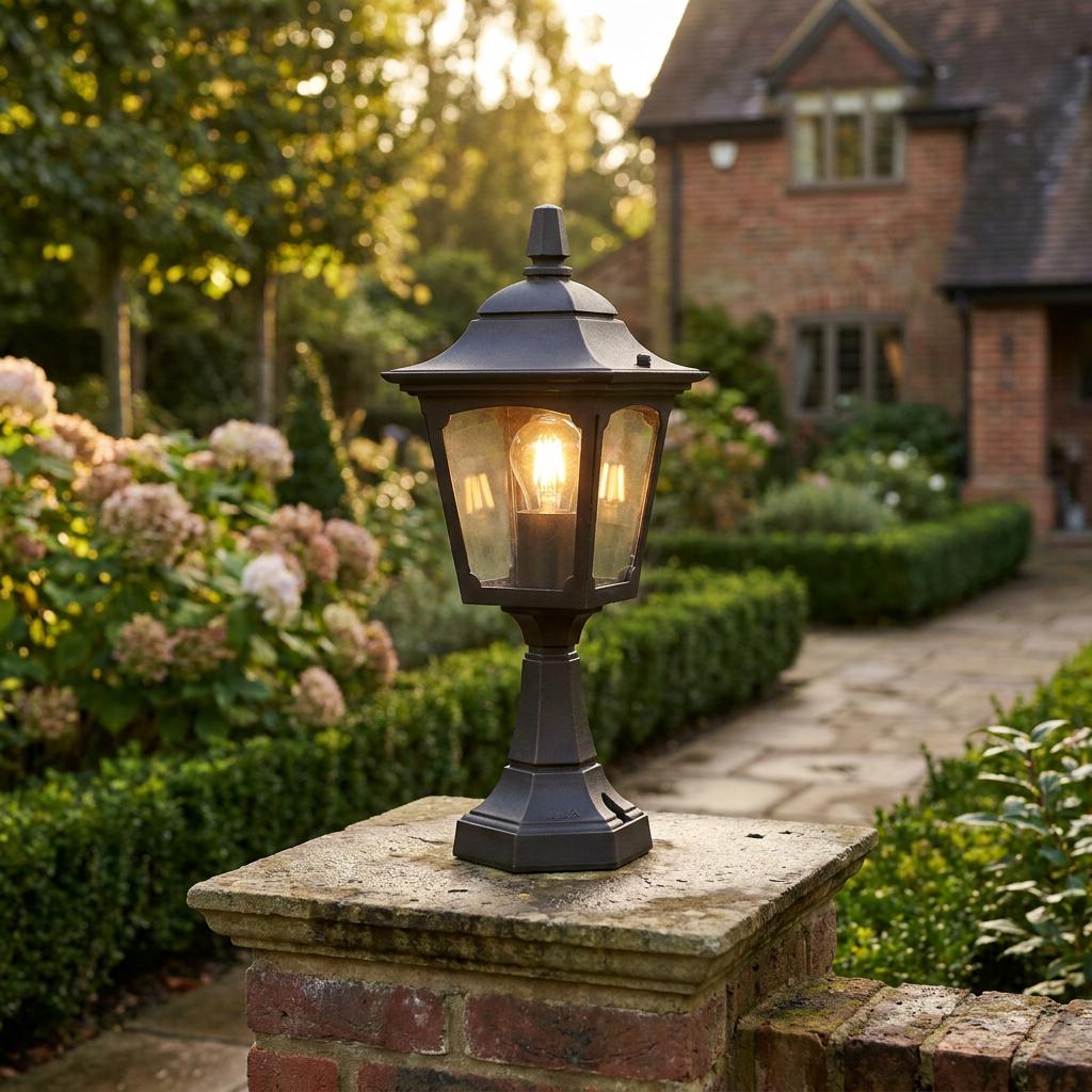 Black lantern-style pedestal light glowing on a brick pillar in a lush garden with a house in the background.