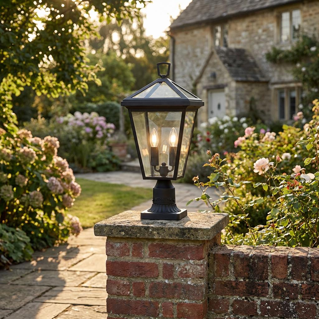 Black pedestal lantern with glowing candle bulbs on a brick pillar in a lush garden path.
