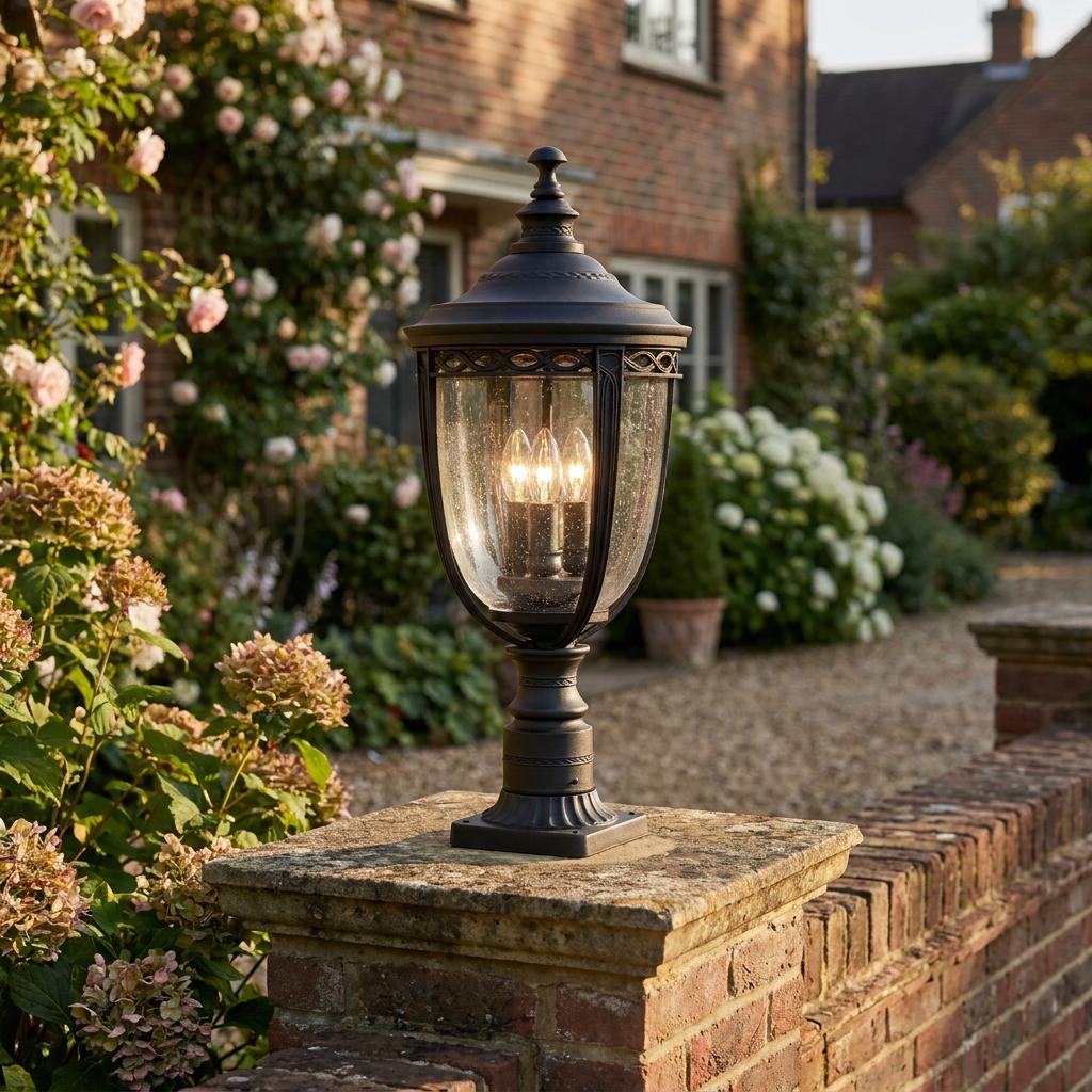 Black pedestal lantern with seeded glass and warm bulbs, mounted on a stone cap of a brick garden wall.