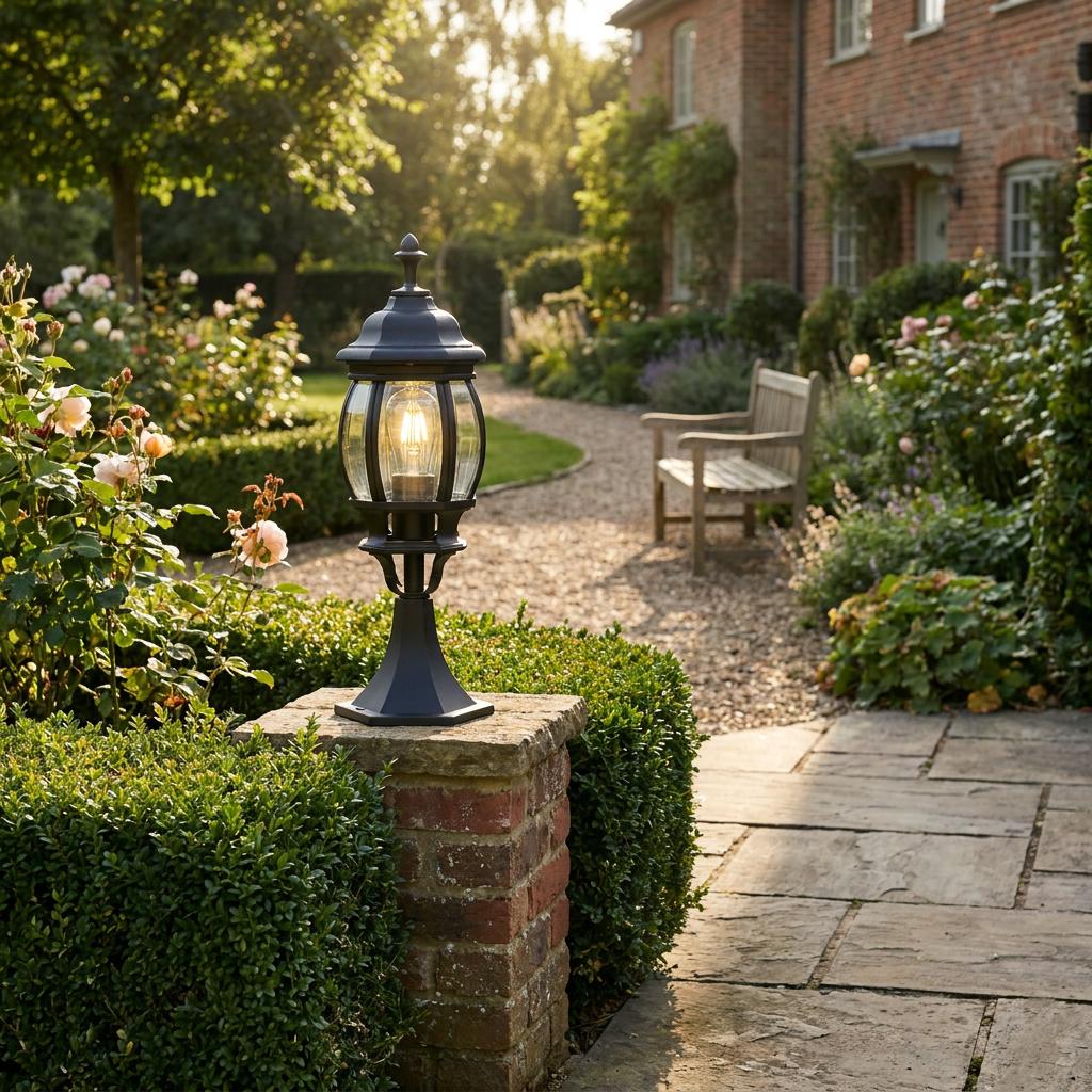 Black traditional pedestal lantern light on a brick garden wall overlooking a sunny path and rose bushes.