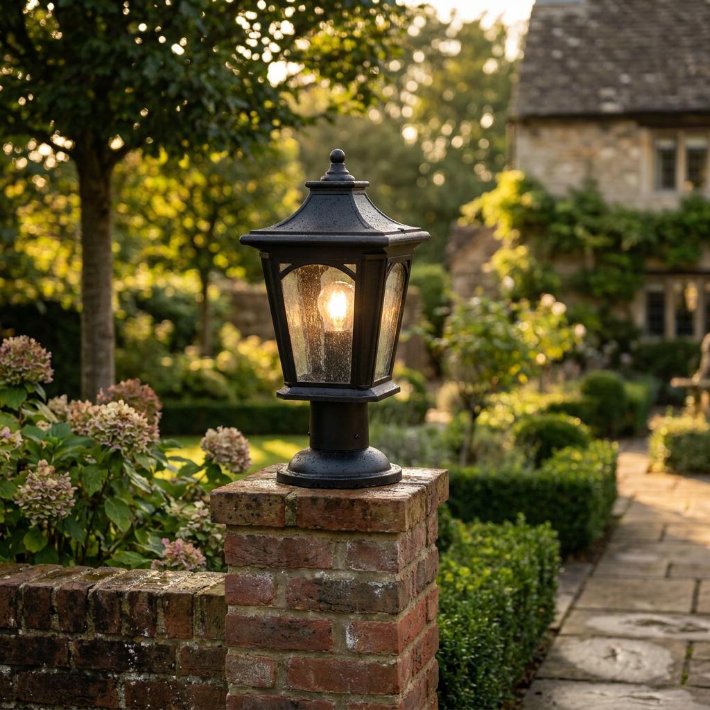 Black traditional lantern with seeded glass panes glowing on a brick pillar in a lush green garden at sunset.