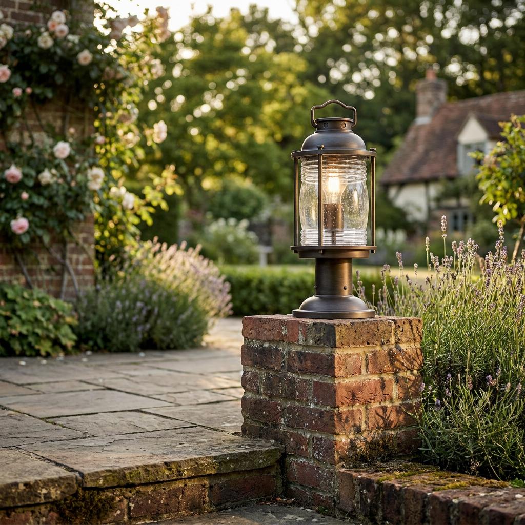 A bronze nautical outdoor lantern light glowing on a brick pillar in a lush garden setting.