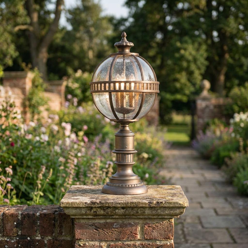 Bronze seeded glass globe pedestal lantern lit on a brick pillar in a summer garden setting.