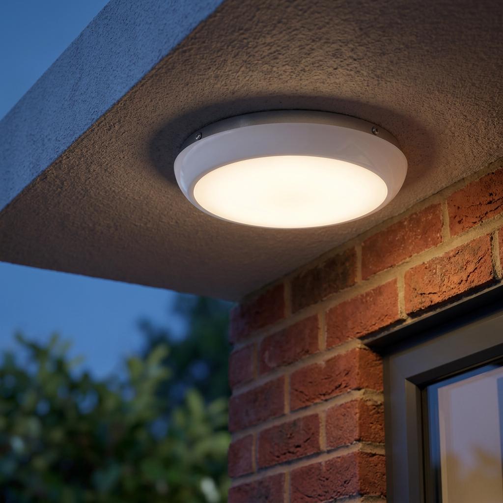 Circular flush outdoor light glowing warmly, mounted to a grey soffit above a red brick wall at twilight.